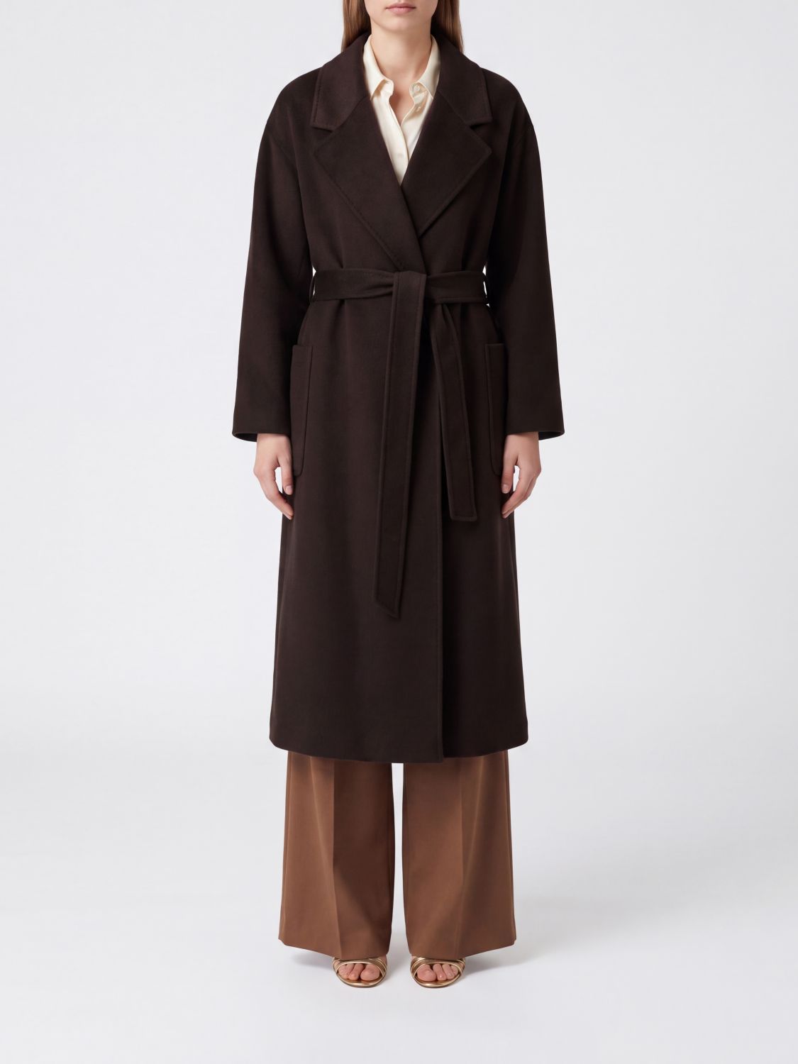 ELISABETTA FRANCHI Langer Bademantel-Mantel aus reiner Wolle mit Taillengürtel