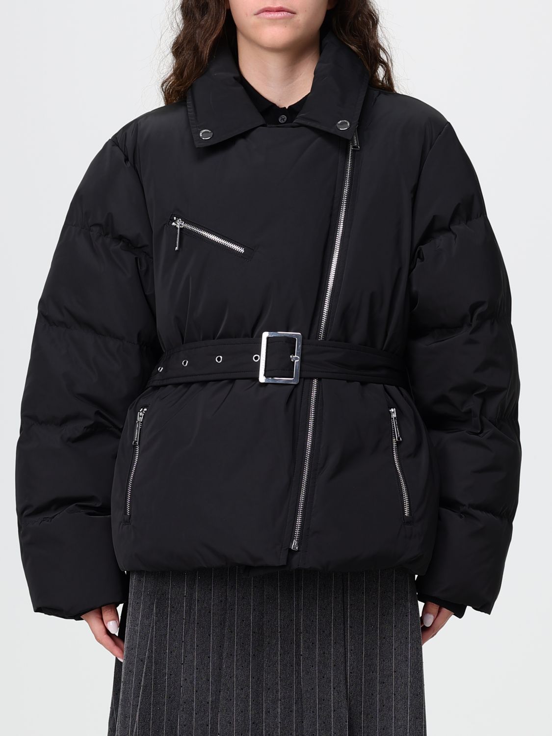 KARL LAGERFELD Cropped Biker Puffer Jacket in Recycled Polyester with Belt