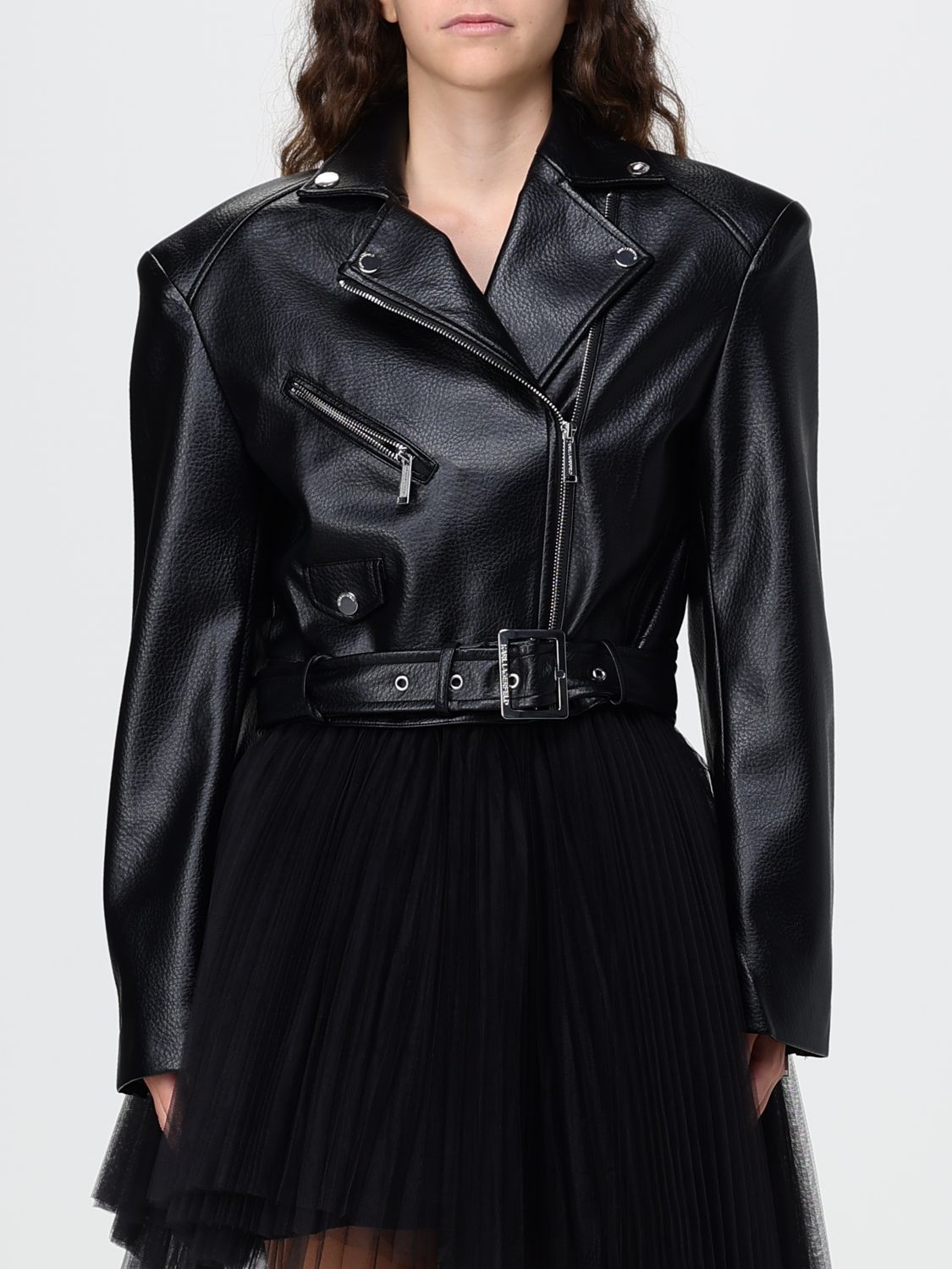 KARL LAGERFELD Cropped Faux Leather Biker Jacket with Oversized Shoulders