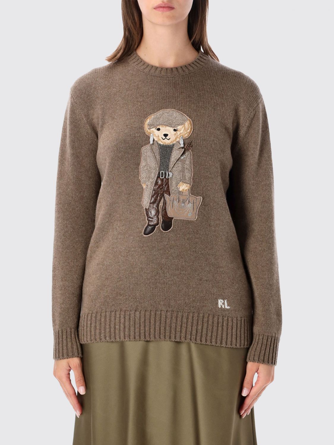 Ralph Lauren Crewneck Jumper in Cashmere with Contrasting Teddy Bear Print