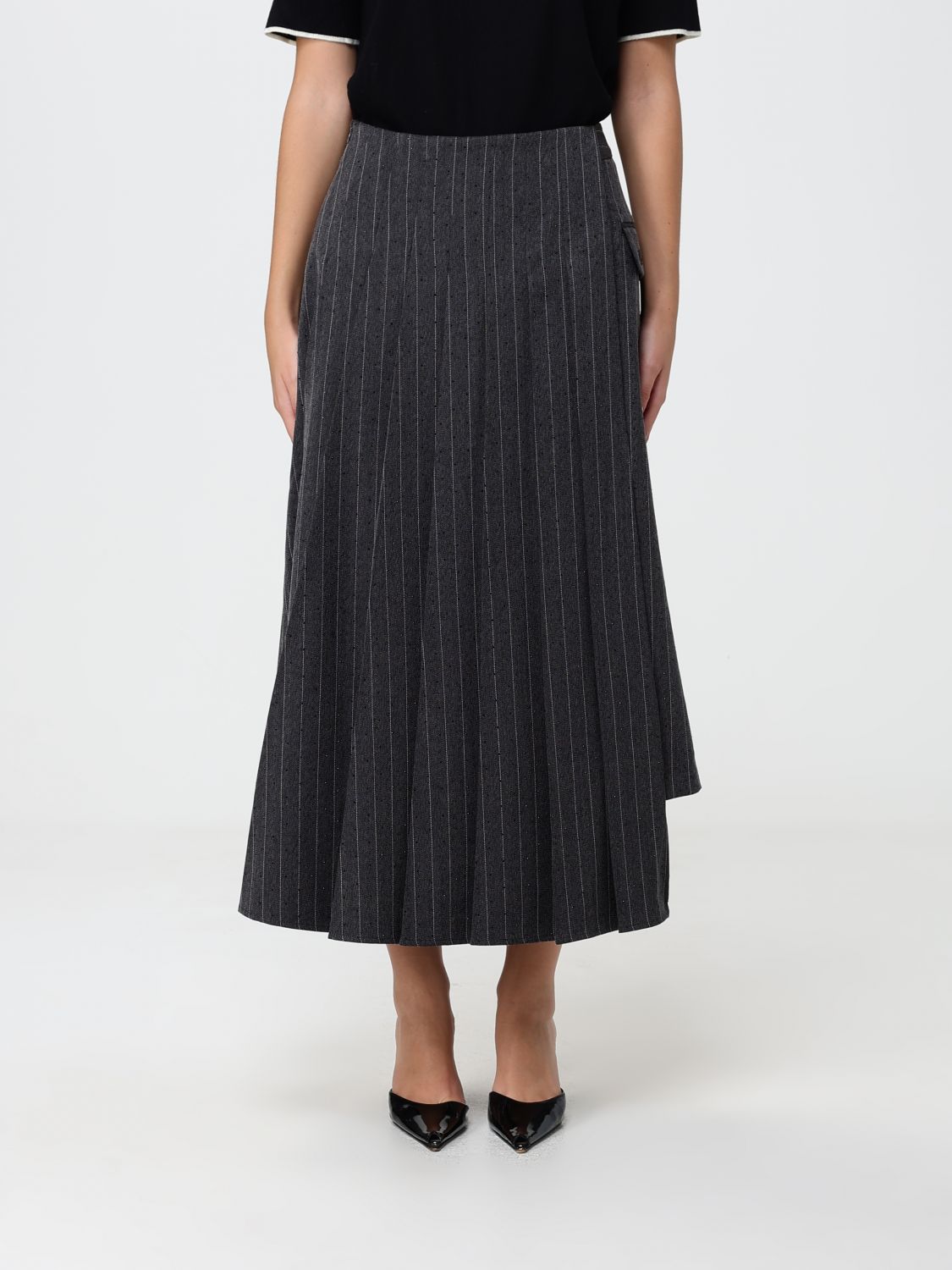 KARL LAGERFELD High-Waisted Asymmetrical Pinstripe Midi Skirt with Rhinestones