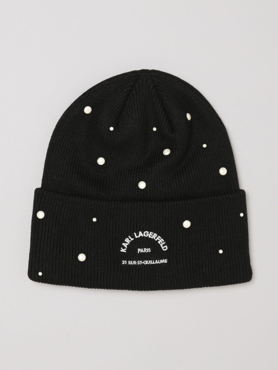 KARL LAGERFELD Wool and Cashmere Blend Beanie with Contrast Logo and Pearls