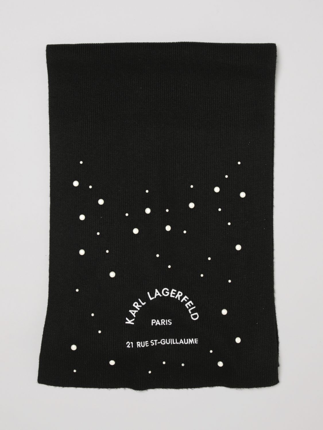 KARL LAGERFELD Wool and Cashmere Blend Scarf with Logo and Synthetic Pearls