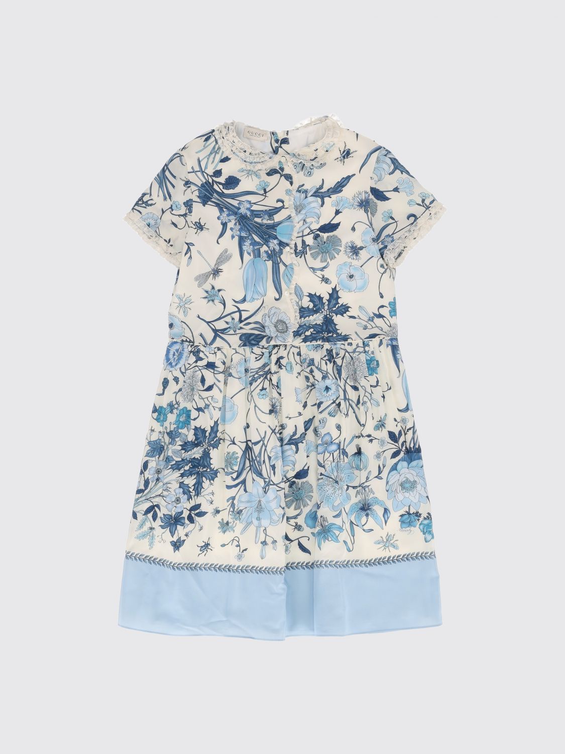 GUCCI Abito chemisier lungo da bambina in seta con ricamo floreale e collo Peter Pan