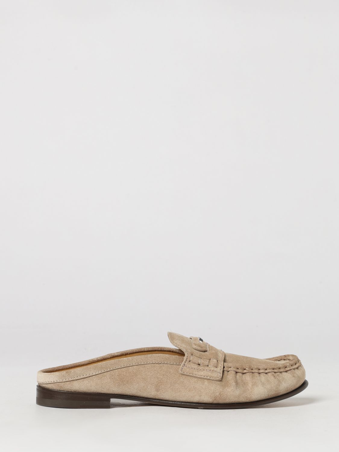 FENDI Mules Scrunch in pelle di vitello scamosciata con logo lettering metallico
