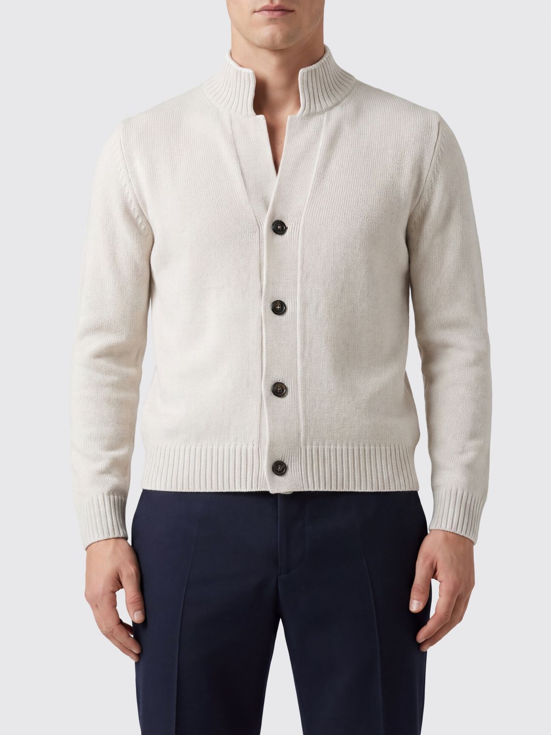ELEVENTY High Neck Wool Cardigan with Ribbed Trims