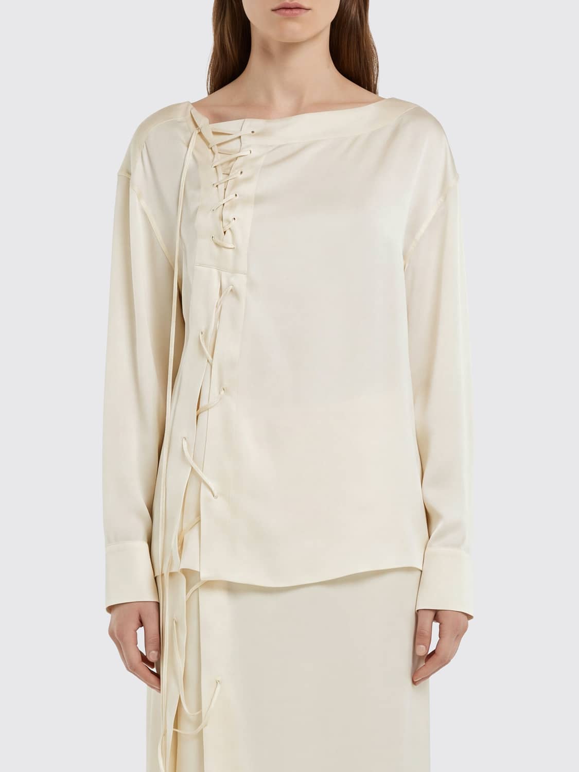 FERRAGAMO Long-Sleeved Cupro Blouse with Interwoven Ribbons