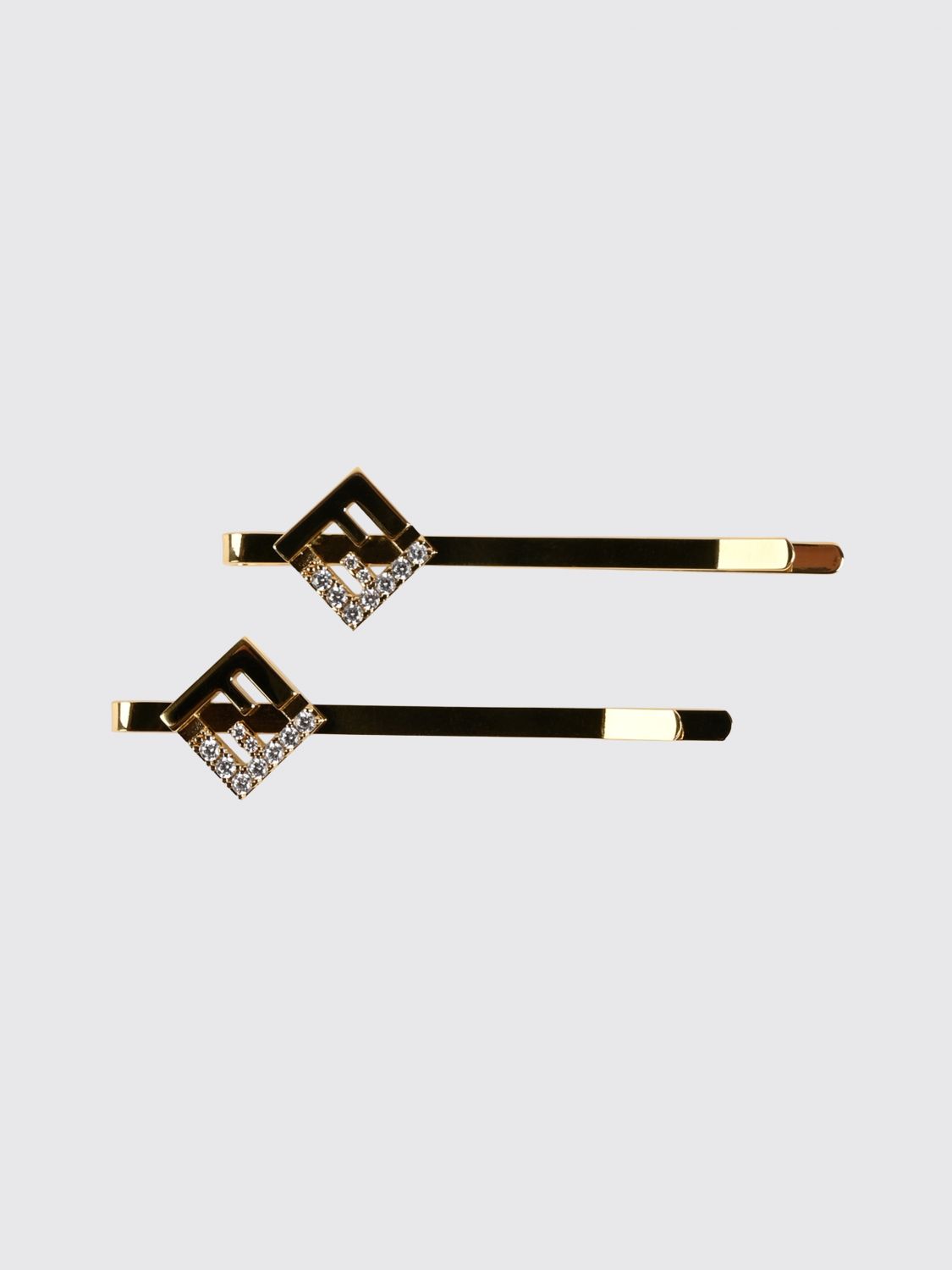 FENDI Haarspange mit FF-Monogramm aus goldfarbenem Messing mit Strass
