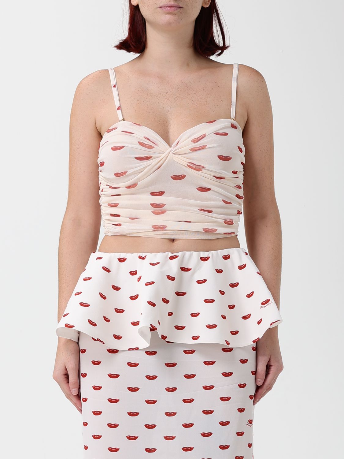 FIORUCCI Cropped-Korsett-Top aus Tüll mit Herzausschnitt und Grafikprint