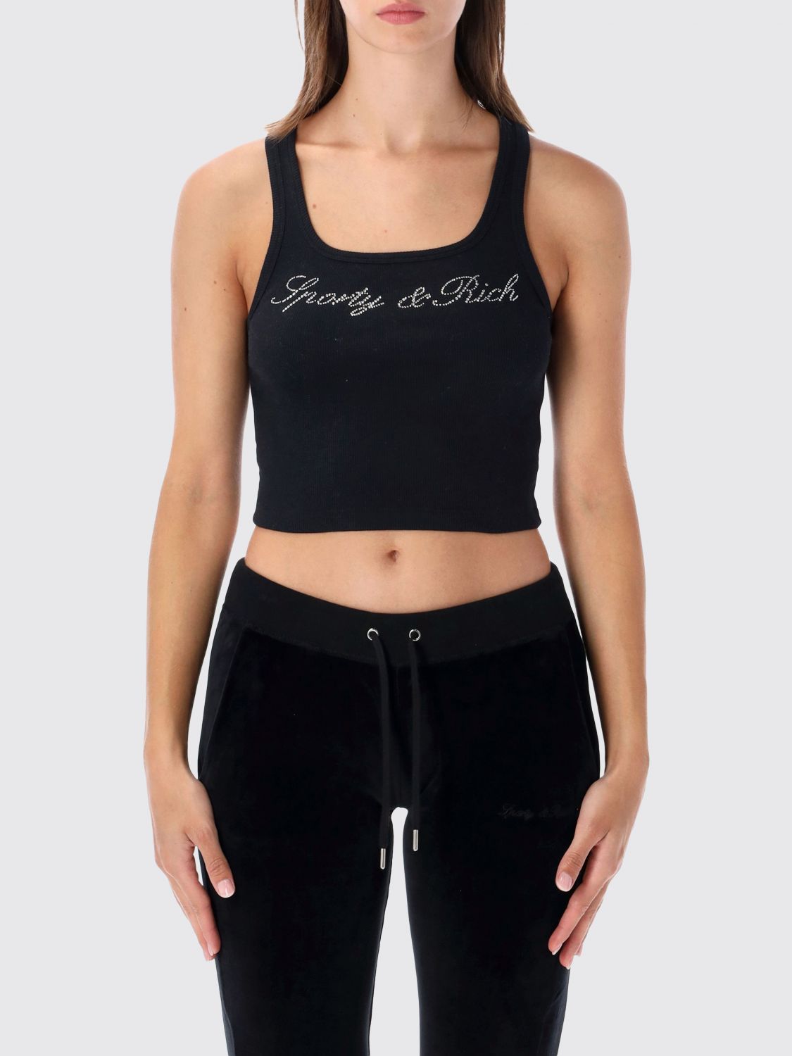 SPORTY & RICH Cropped Stretch-Cotton Top with Square Neck and Rhinestone Logo SPORTY & RICH Cropped Stretch-Cotton Top with Square Neck and Rhinestone Logo