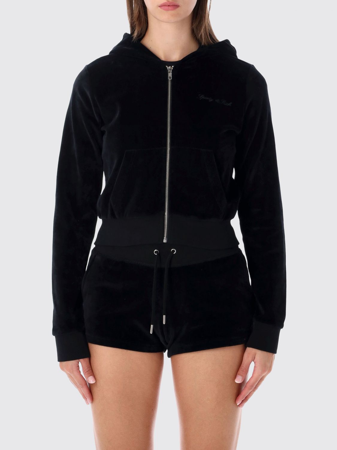 SPORTY & RICH Zip-Up Hoodie with Rear Rhinestone Logo