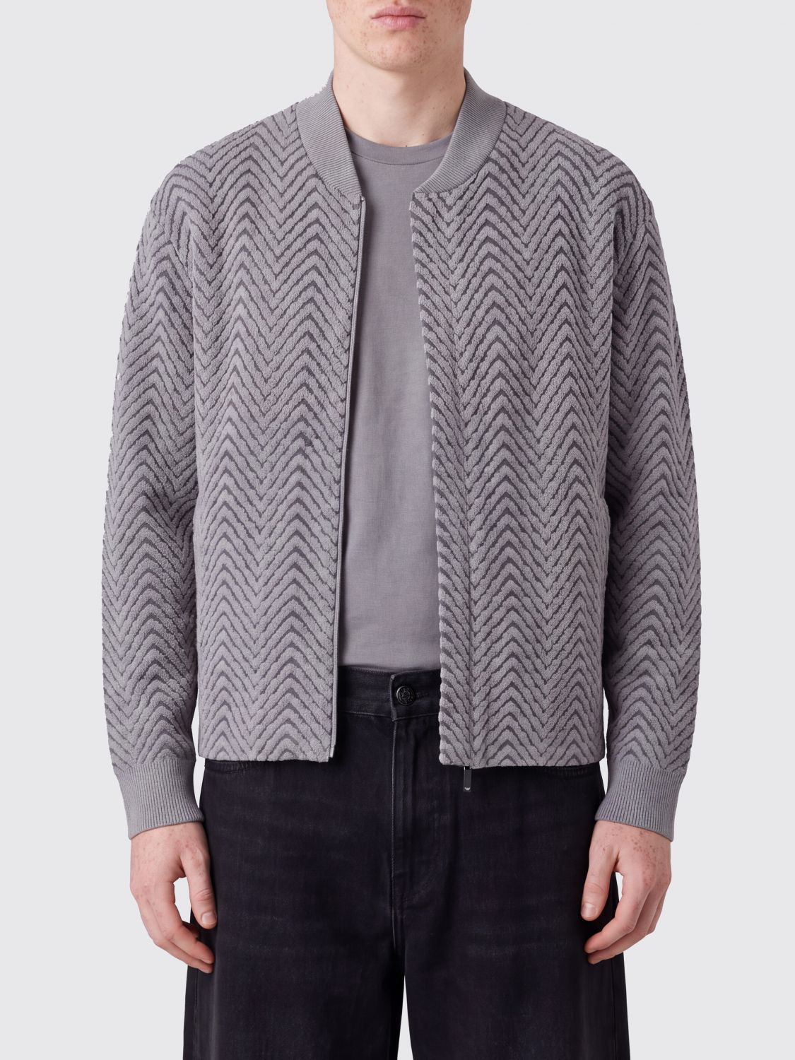 Emporio Armani Zig-Zag Pattern Virgin Wool Bomber Jacket with Ribbed Collar