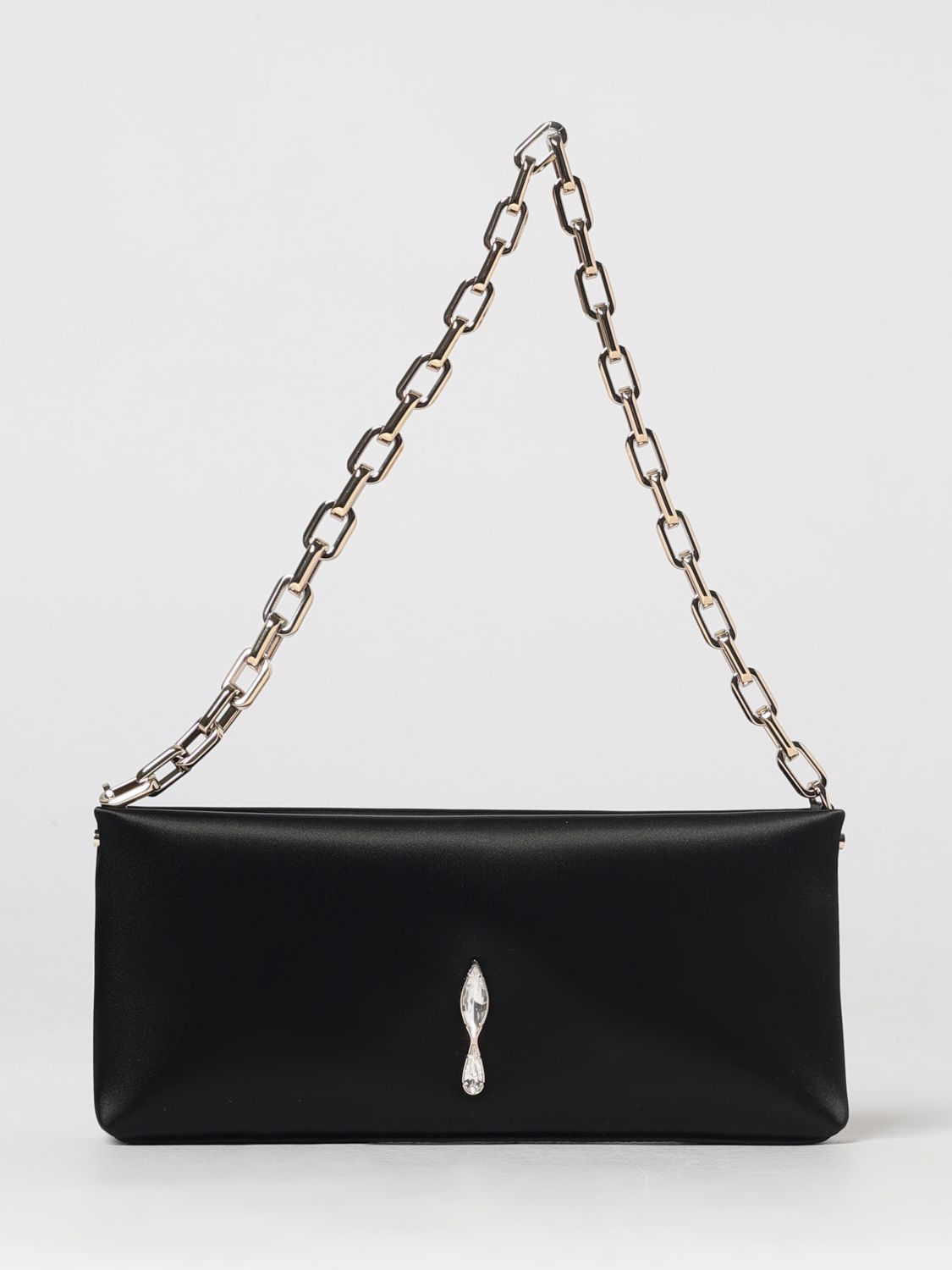 CHRISTIAN LOUBOUTIN Maykimay Satin Shoulder Bag with Rhinestone Logo and Metallic Handle