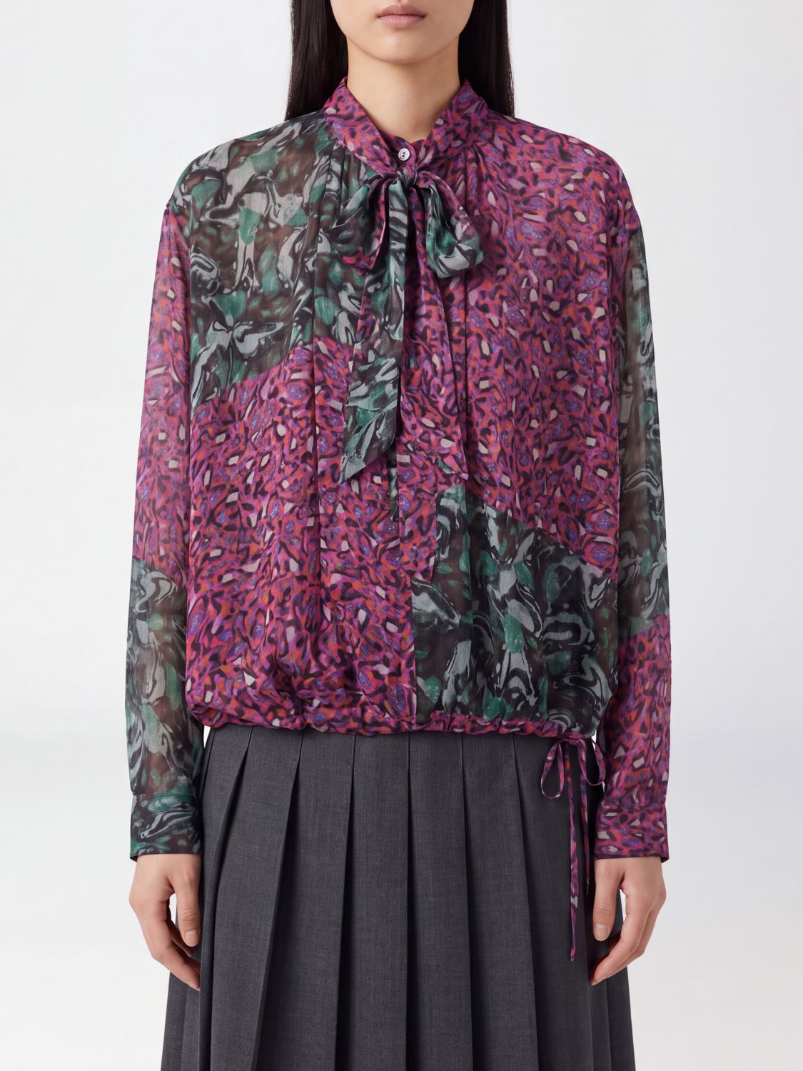 DRIES VAN NOTEN Seidenbluse von mit Schluppe und abstraktem Print