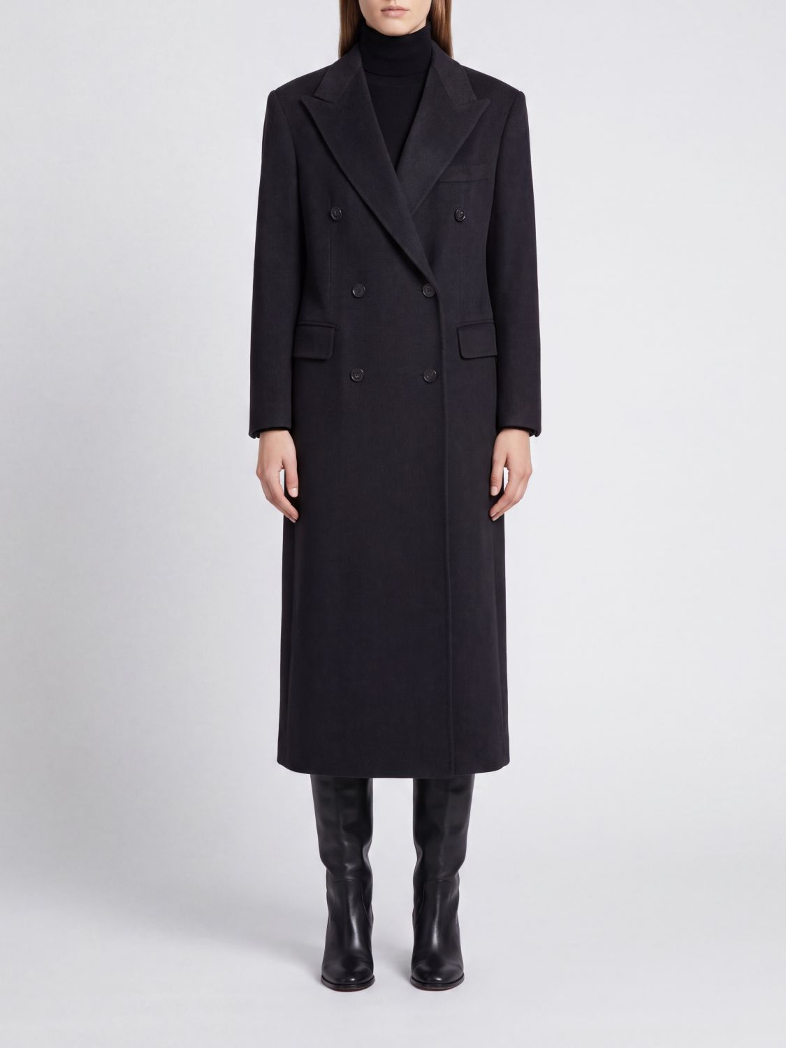 Tagliatore Double-Breasted Long Coat in Wool and Kashmir with Peak Lapels
