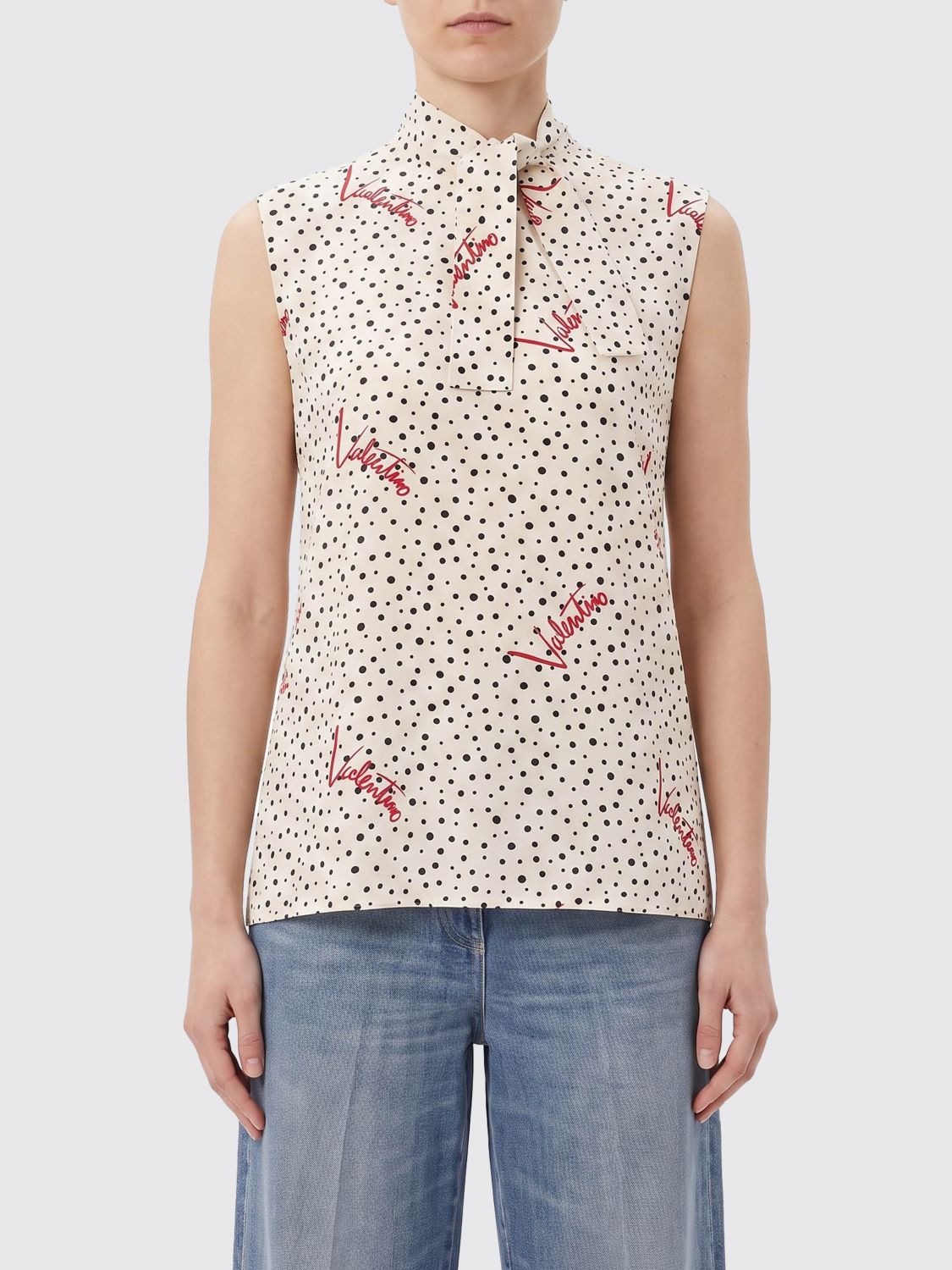 VALENTINO GARAVANI Polka Dot Sleeveless Top in Crêpe de Chine with Pussy-bow
