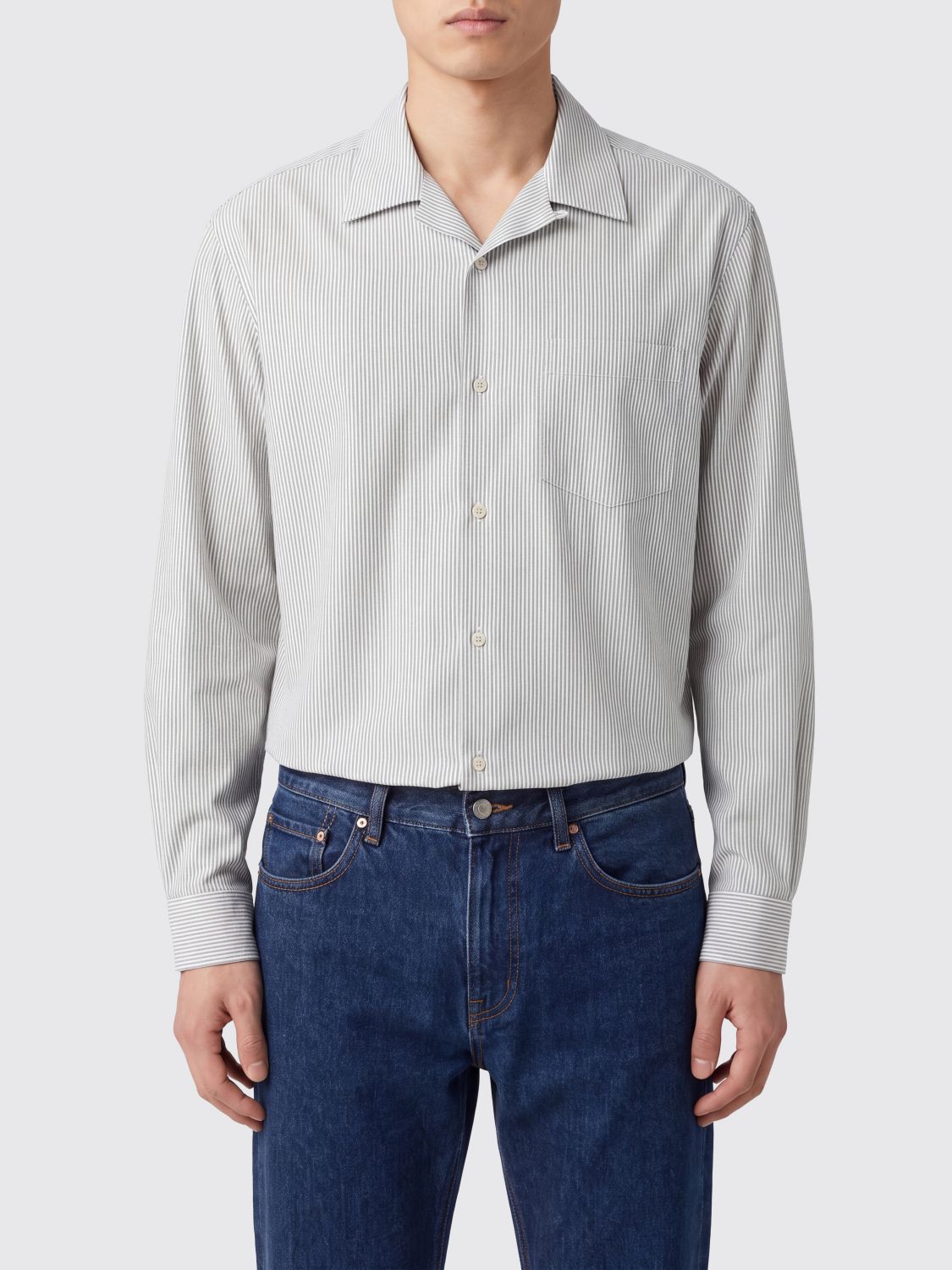 THE ROW Striped Stretch-Cotton Shirt with Cuban Collar