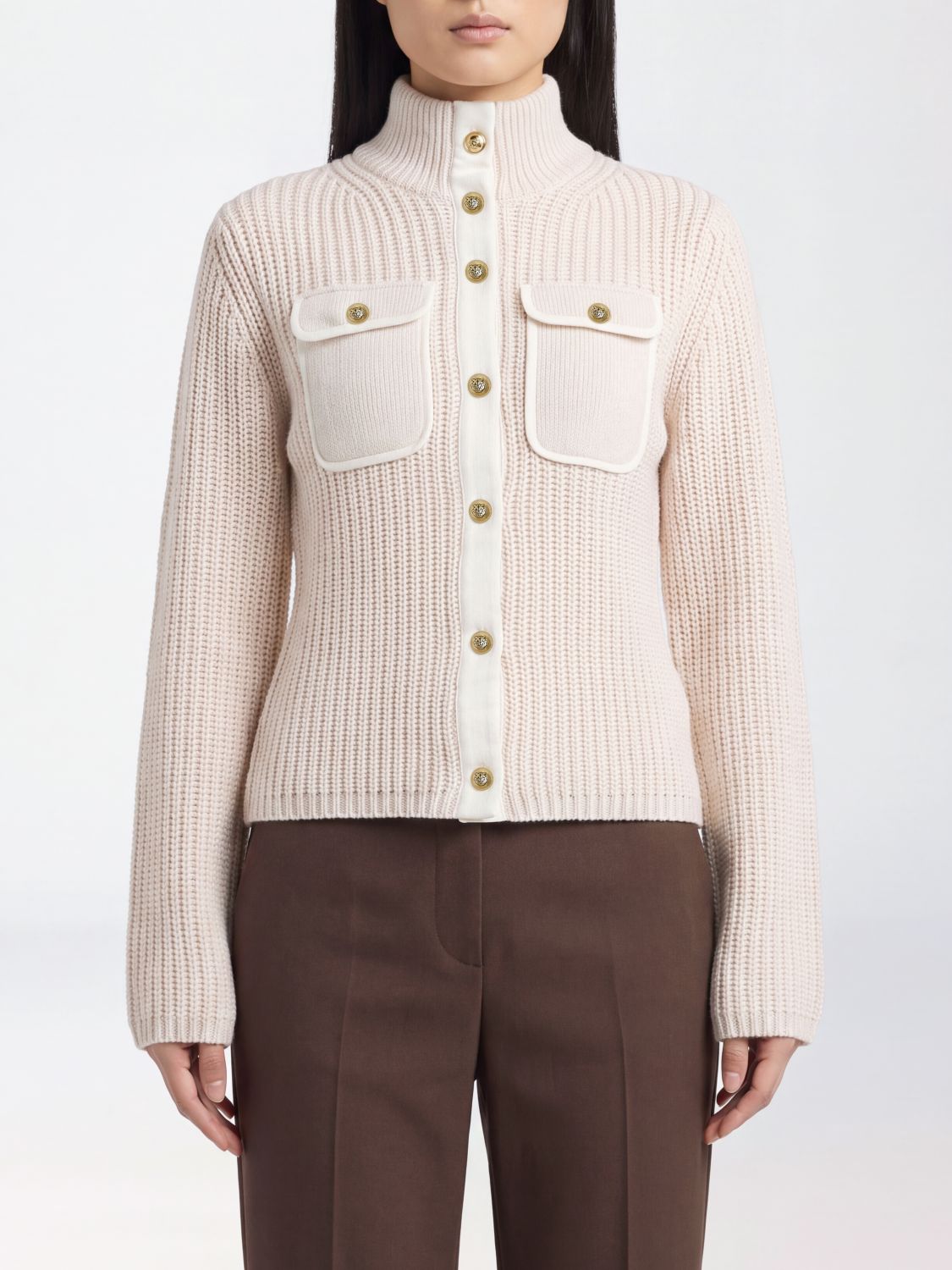 PINKO Cardigan slim fit a coste in lana e alpaca con collo alto