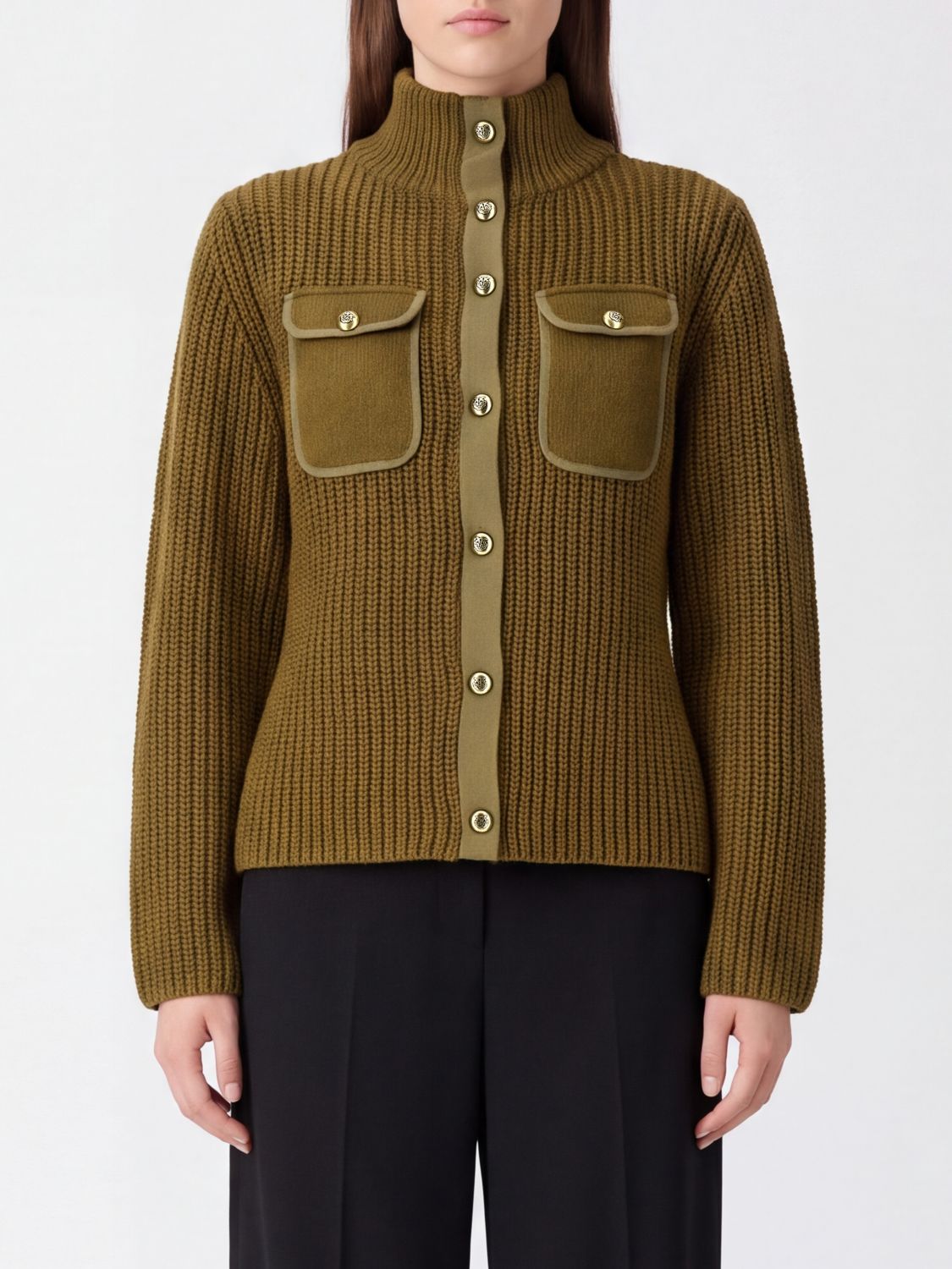 PINKO Cardigan slim fit a coste in lana e alpaca con collo alto