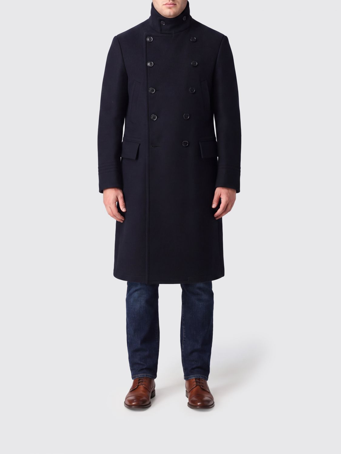 TOM FORD Langer zweireihiger Mantel aus reiner Wolle mit Stehkragen