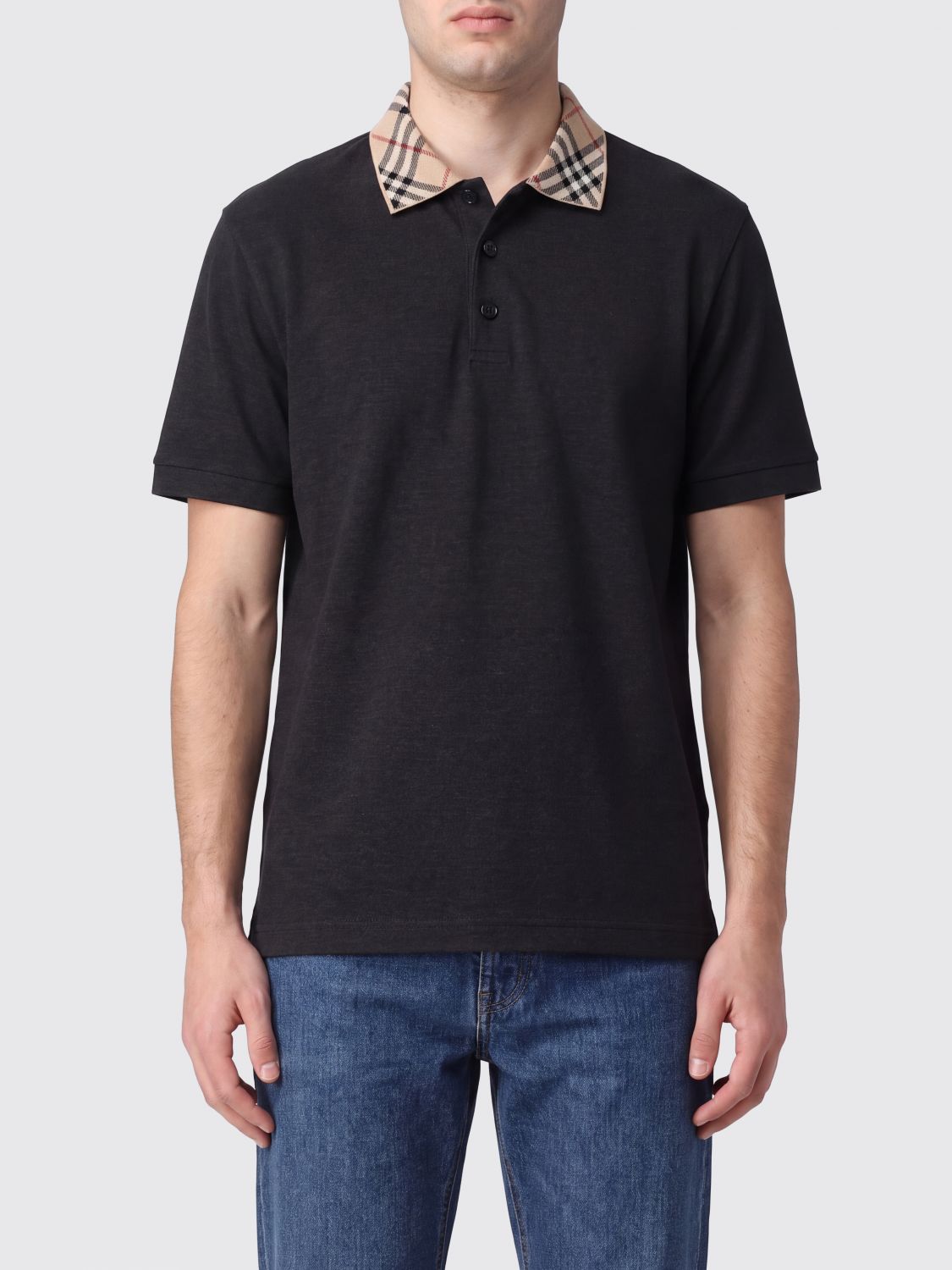 BURBERRY Cotton Polo Shirt with Check Collar and EKD Logo Embroidery