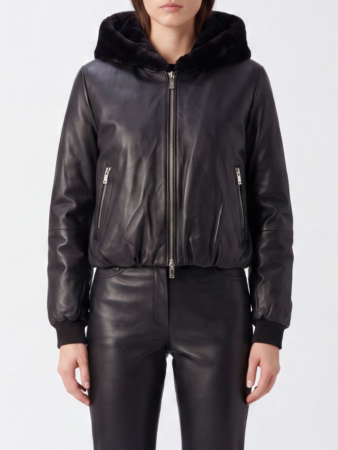 MOOSE KNUCKLES Leather Bomber Jacket with Shearling Hood