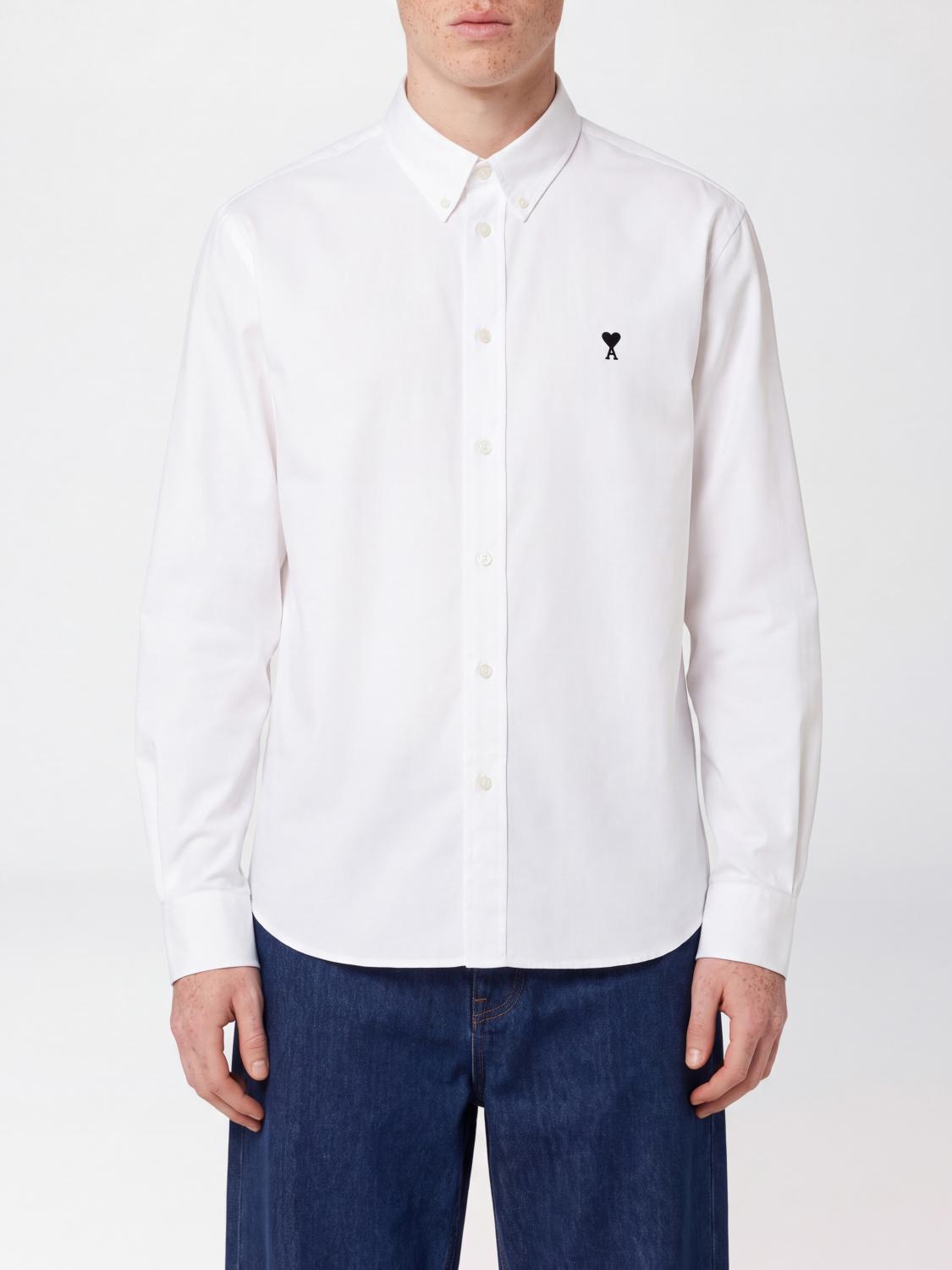 AMI PARIS Slim Fit Cotton Shirt with Button-Down Collar and Embroidered Logo