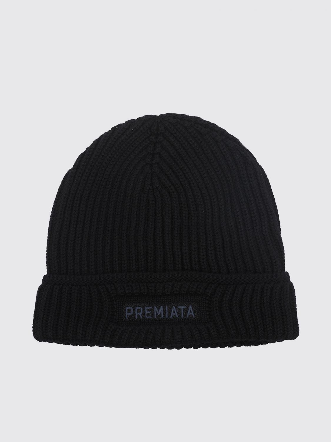 PREMIATA Beanie-Mütze aus reiner Merinowolle mit Kontrastlogo und Umschlag