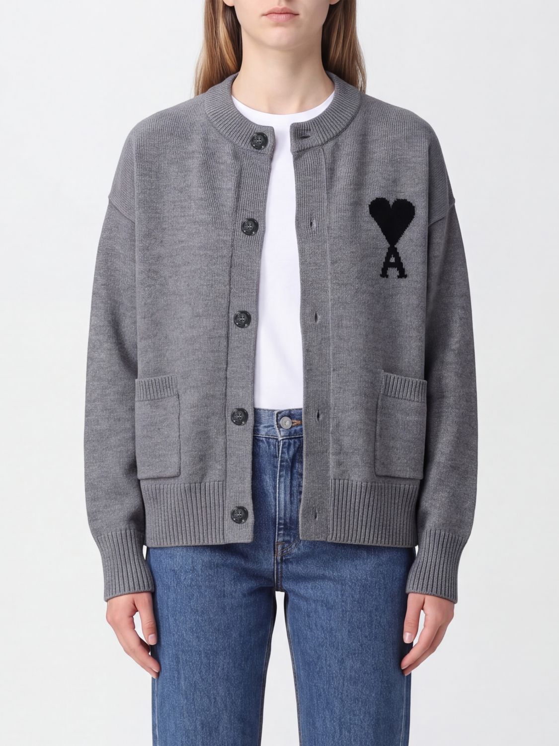 AMI PARIS Red Wool Crewneck Cardigan with Contrasting Embroidered Logo