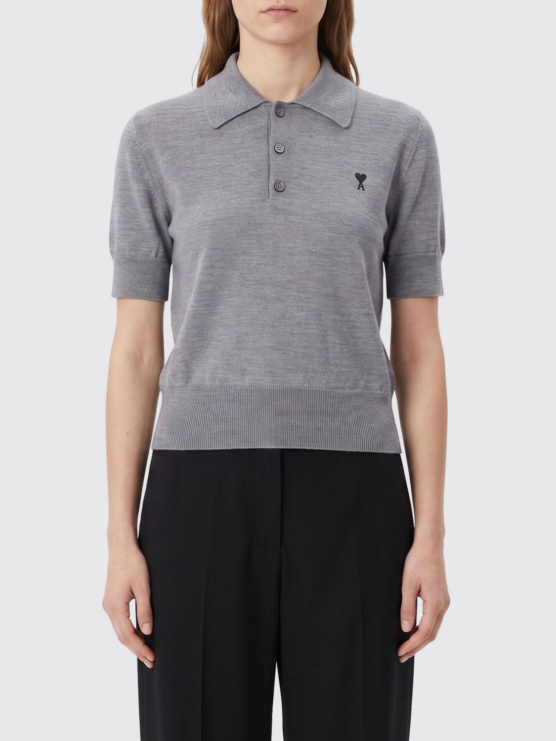 Ami Paris Short-Sleeved Knitted Wool Polo with Embroidered Logo