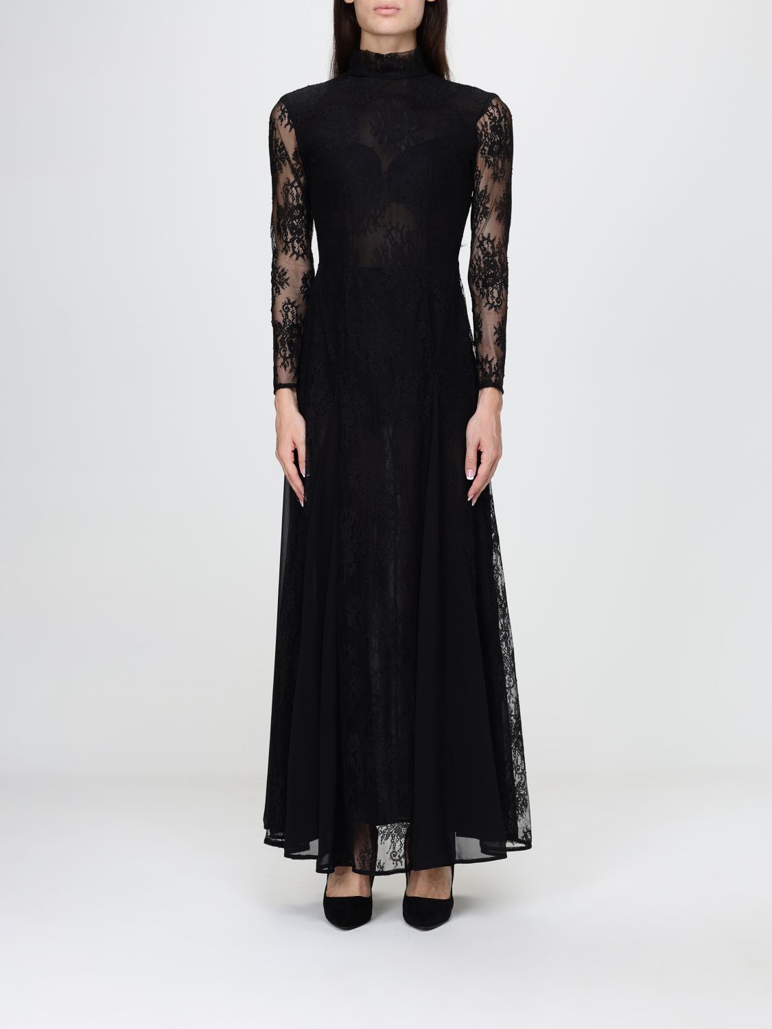 Hanita High-Neck Long Sleeve Lace Long Evening Gown
