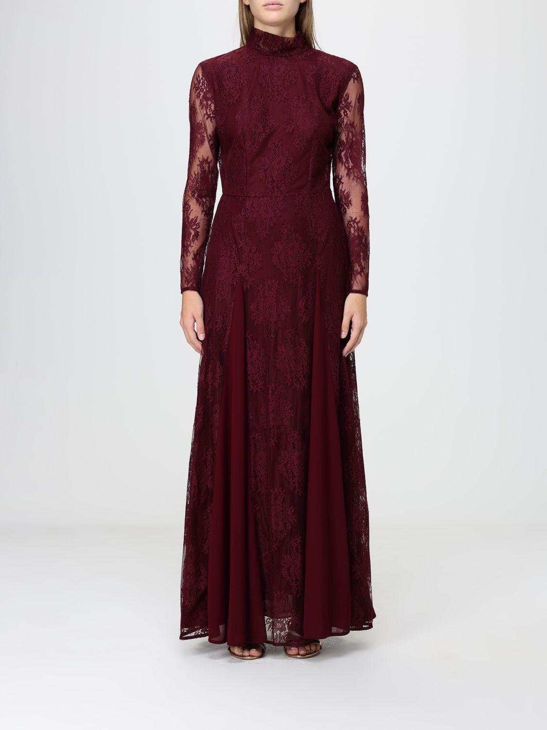 Hanita High-Neck Long Sleeve Lace Long Evening Gown