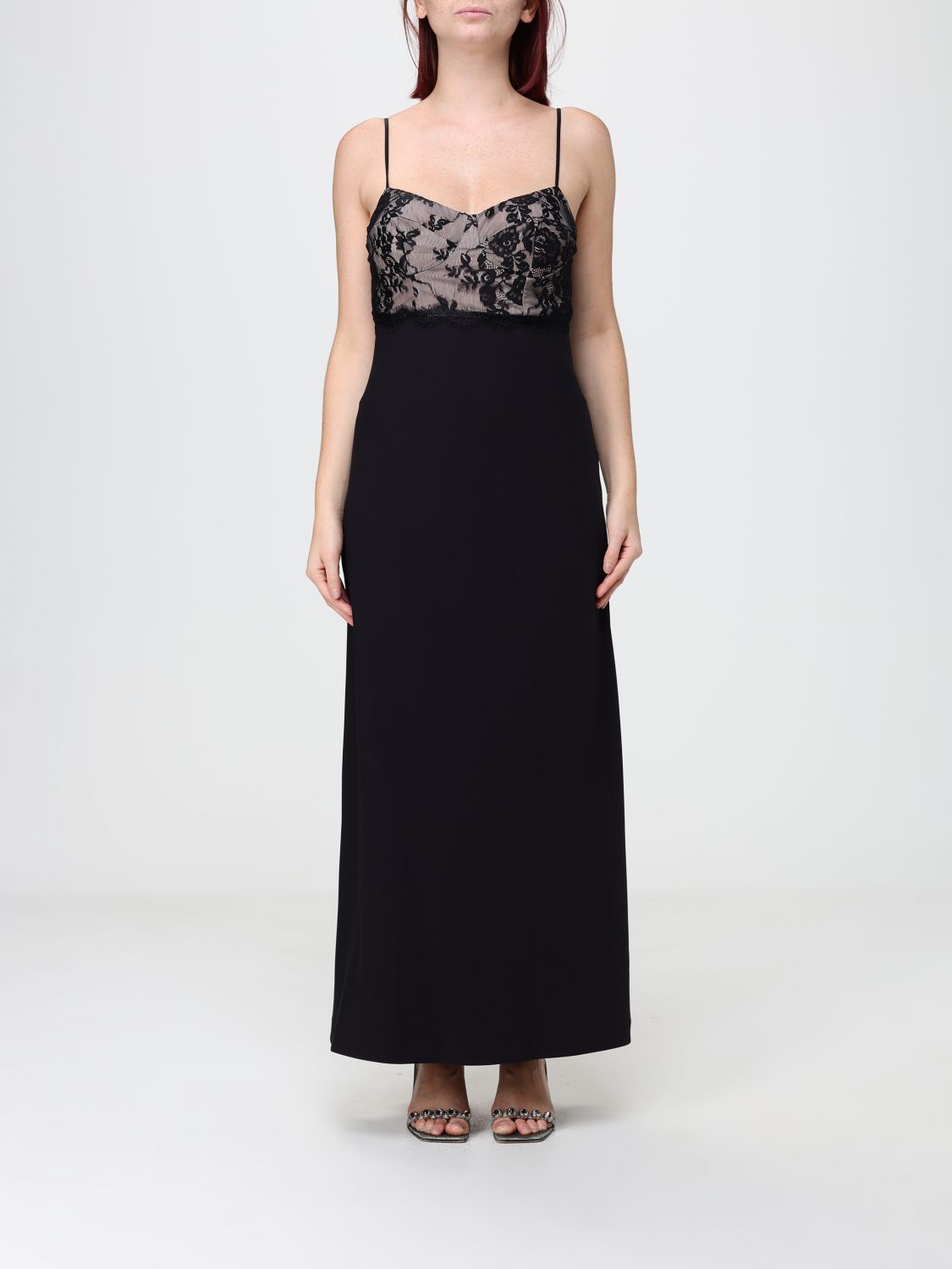 Hanita Crêpe Sheath Midi Dress with Lace Inserts and V-Neck