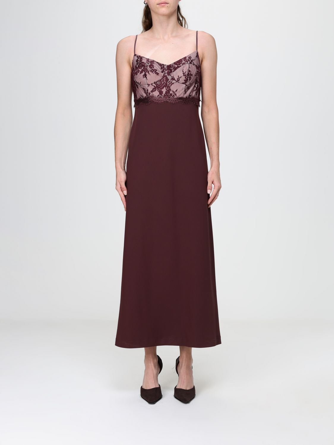 Hanita Crêpe Sheath Midi Dress with Lace Inserts and V-Neck