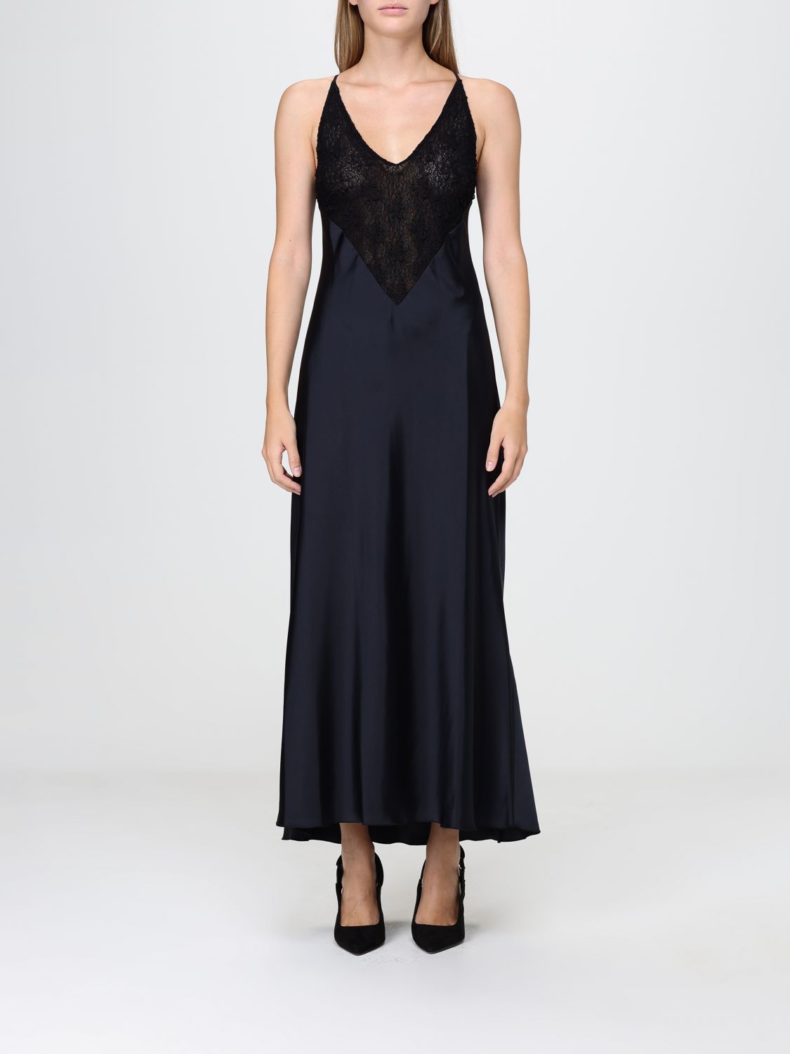 Hanita Satin Slip Midi Dress with Lace Inserts and Criss-Cross Straps