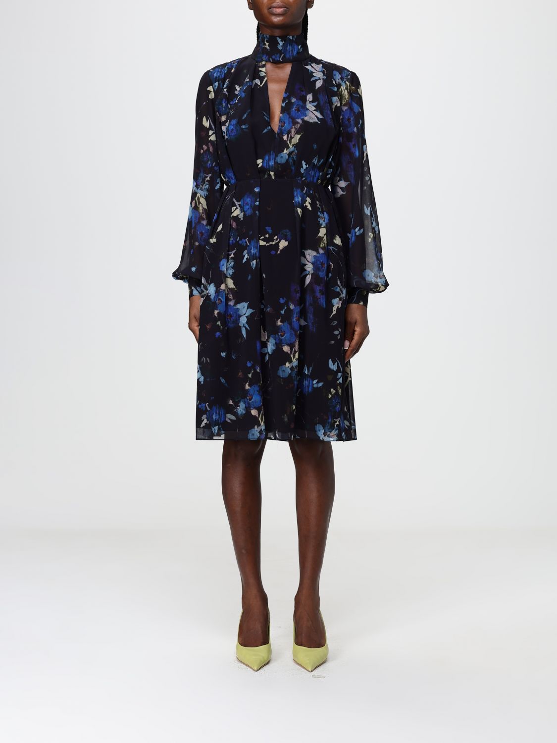 Hanita Floral Crêpe Mini Dress with Puff Sleeves and High Neck