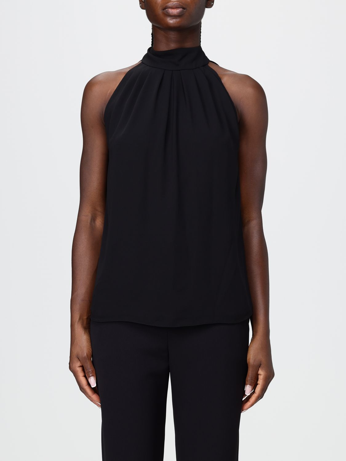 Hanita Sleeveless Satin Blouse with High Neck and Draped Design