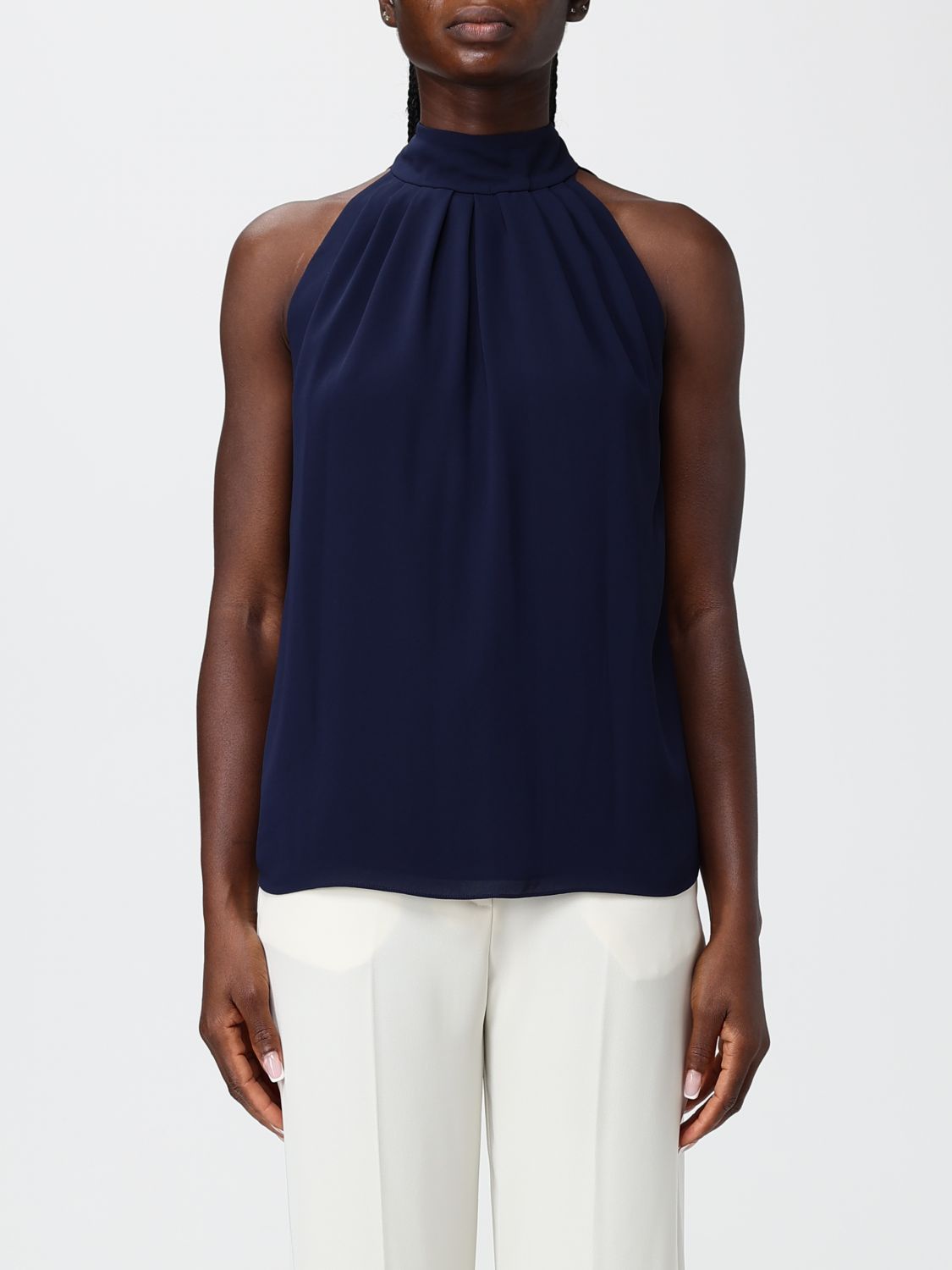Hanita Sleeveless Satin Blouse with High Neck and Draped Design