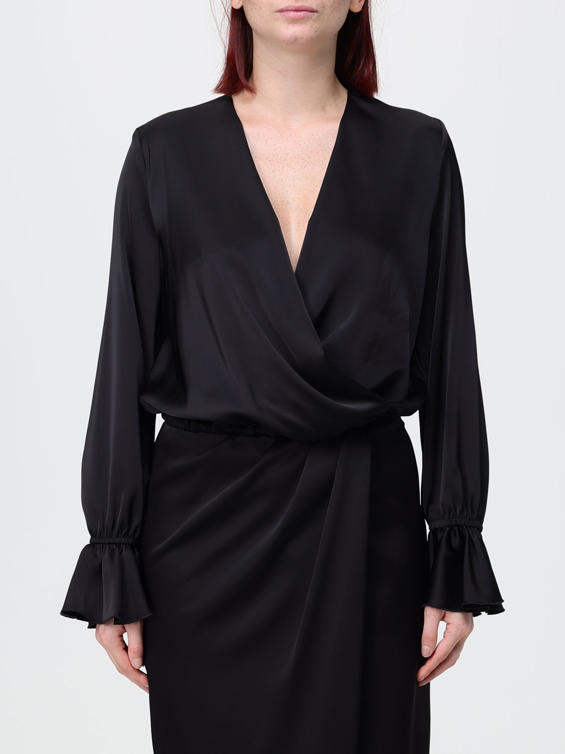 Hanita Cropped Satin V-Neck Blouse with Flared Long Sleeves