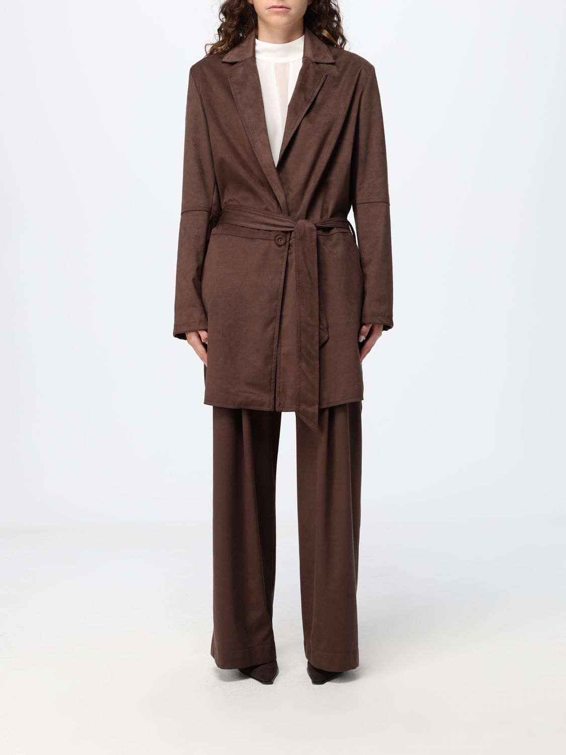 HANITA Knee-Length Suede Robe Jacket with Belt and Lapels HANITA Knee-Length Suede Robe Jacket with Belt and Lapels