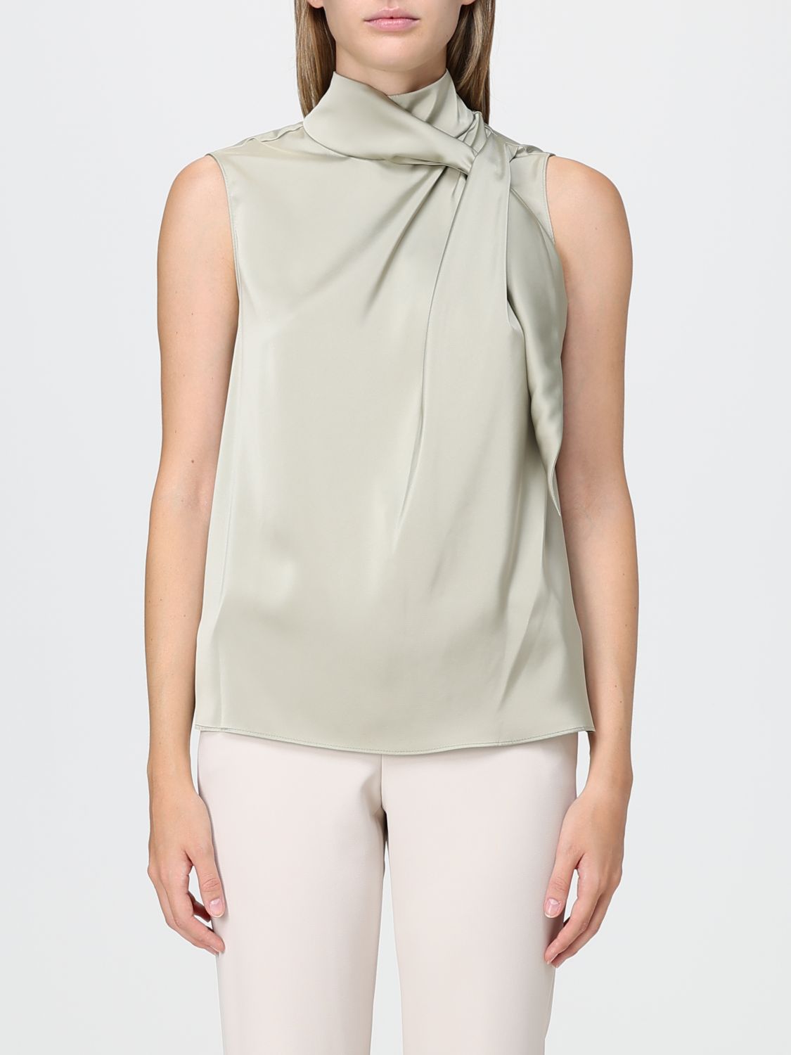 Hanita Sleeveless Satin Blouse with Draped Pussy-Bow Collar