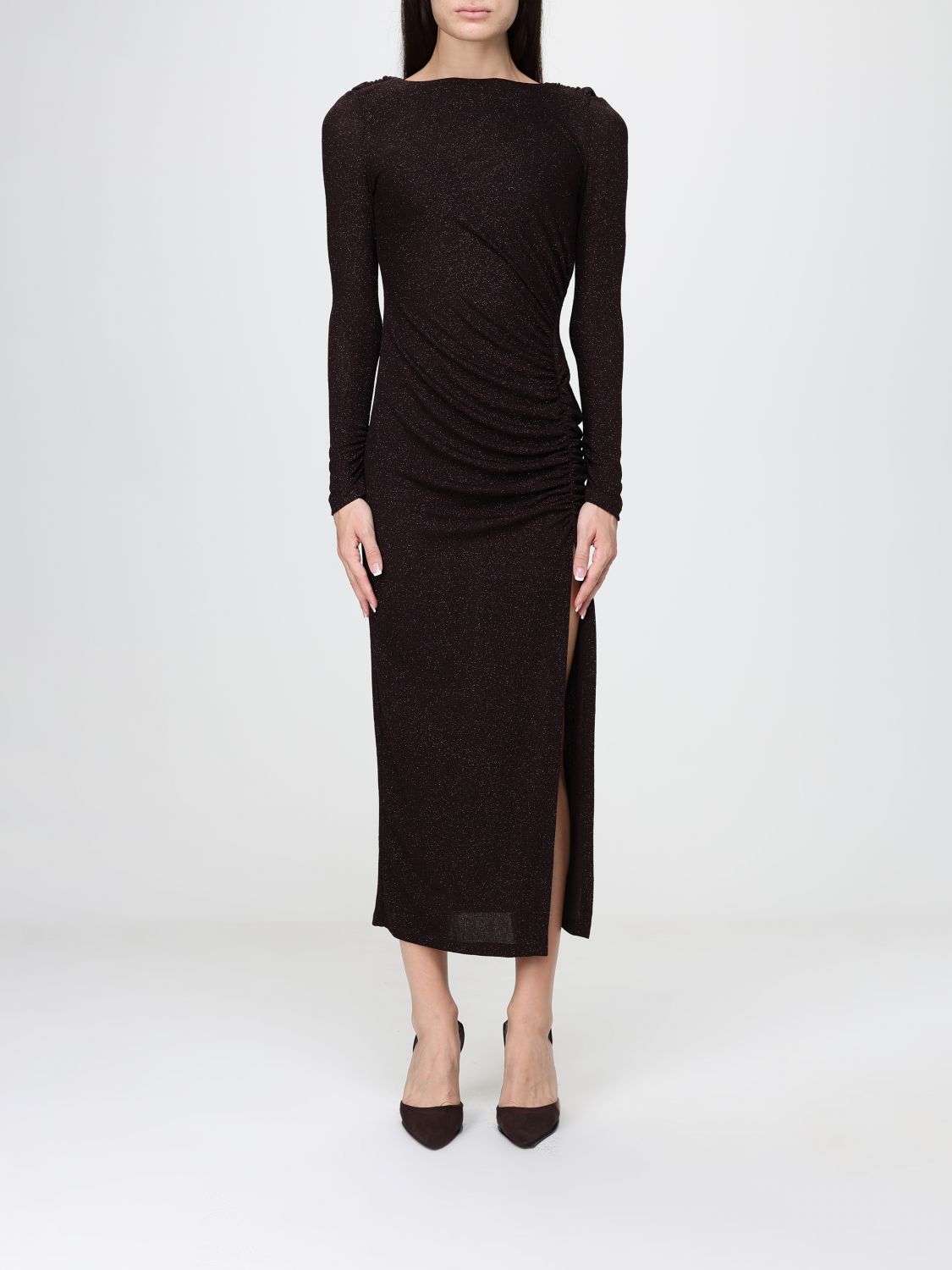 Hanita Draped Lurex Jersey Midi Sheath Dress with Side Slit