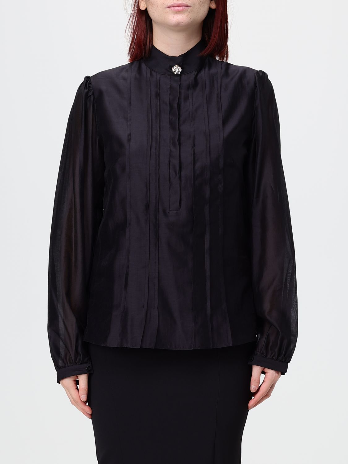 Hanita Satin Shirt with Mandarin Collar and Embroidered Plastron