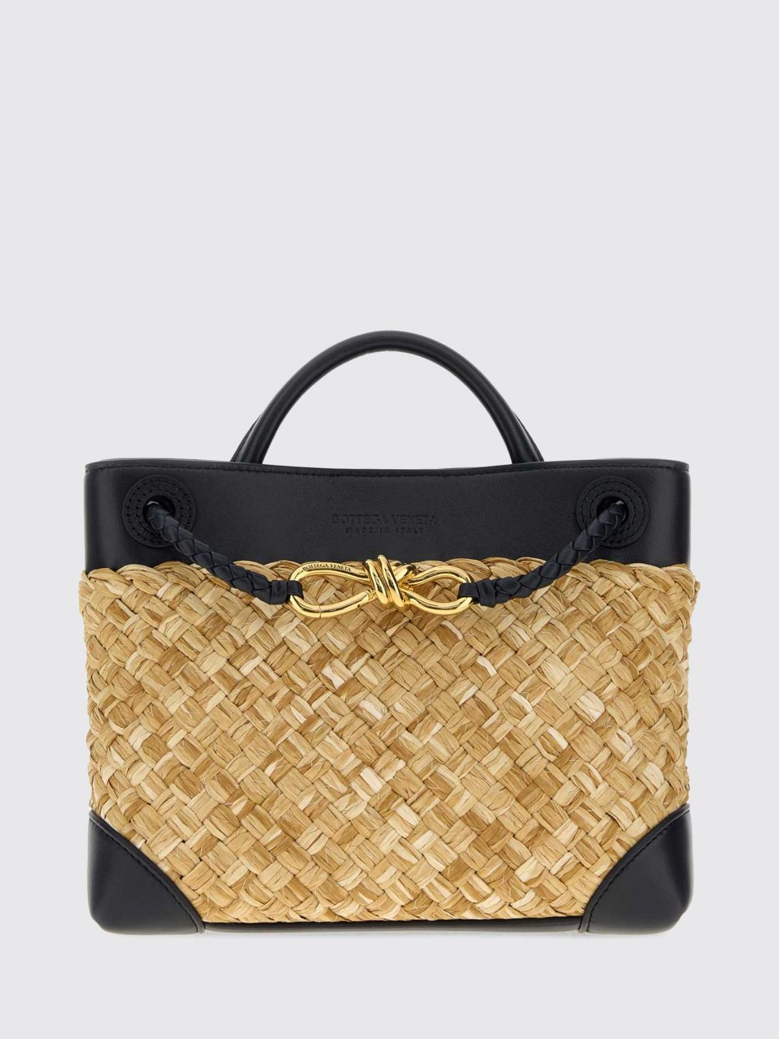 BOTTEGA VENETA Andiamo Small Woven Raffia Handbag with Knot Charm BOTTEGA VENETA Andiamo Small Woven Raffia Handbag with Knot Charm