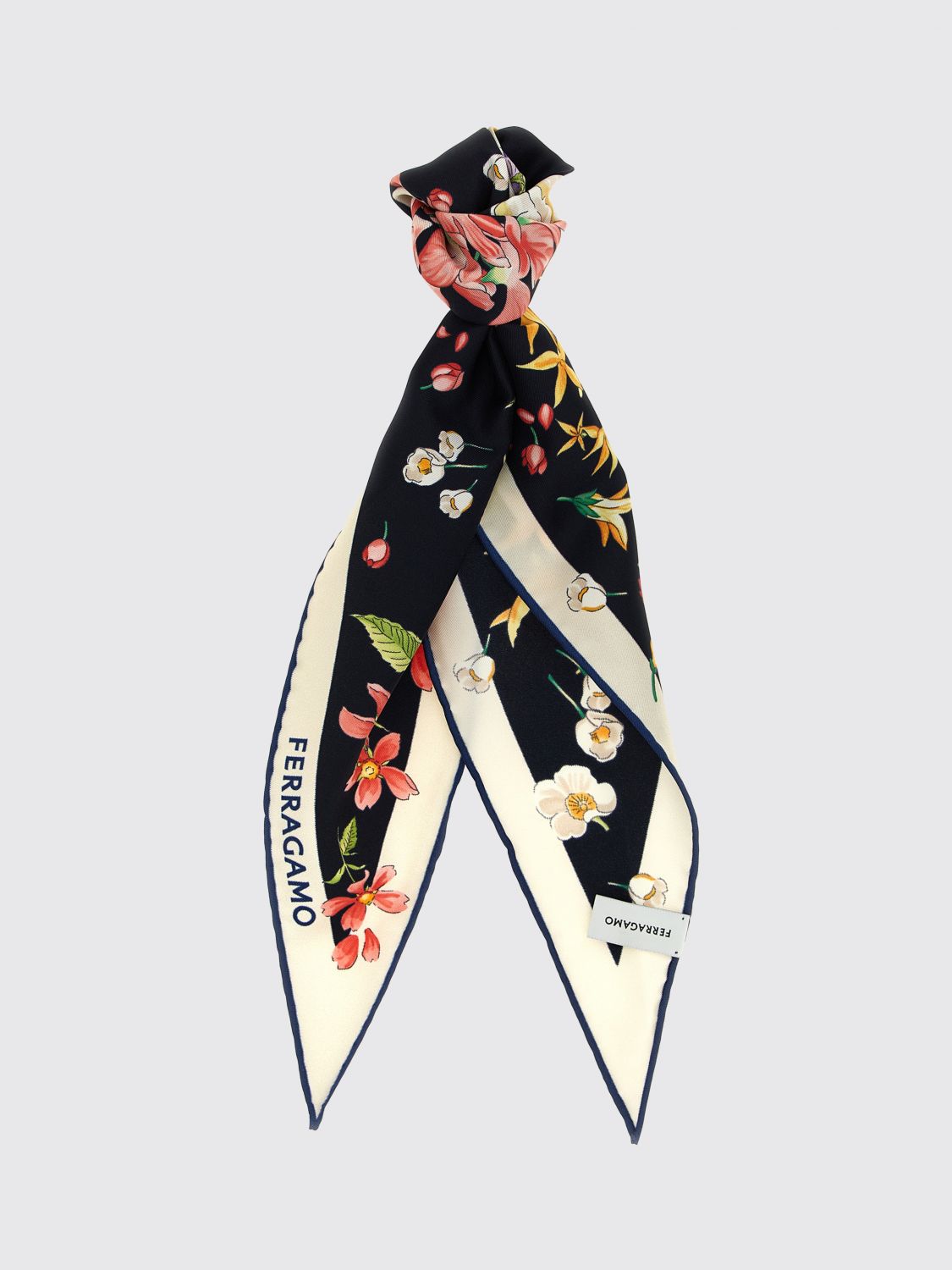 FERRAGAMO Floral Print Diamond-Shaped Pure Silk Foulard
