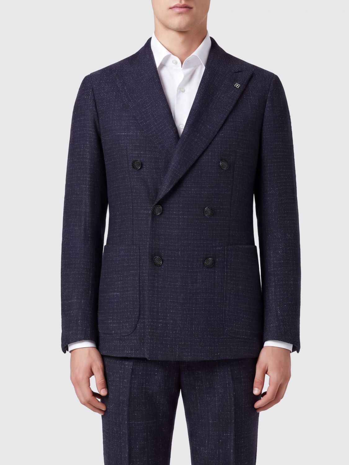 TAGLIATORE Double-Breasted Blazer in Blue Virgin Wool Blend with Patch Pockets TAGLIATORE Double-Breasted Blazer in Blue Virgin Wool Blend with Patch Pockets
