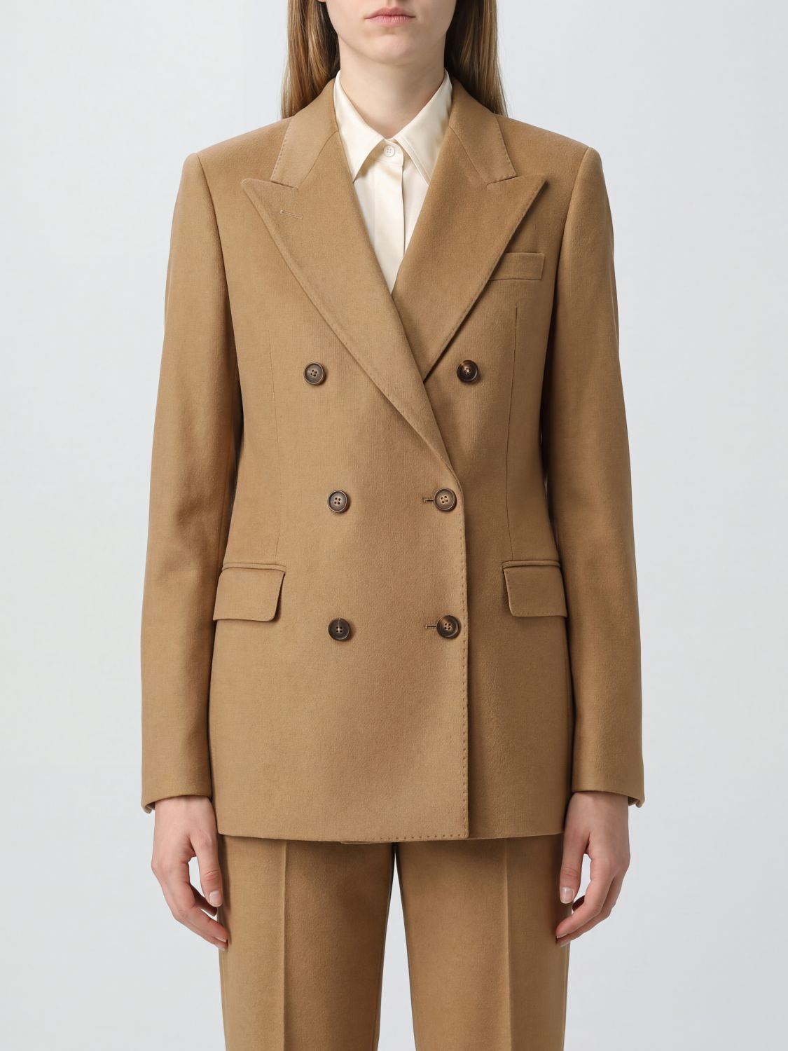 Tagliatore Slim Fit Double-Breasted Blazer in Pure Beige Cashmere with Peak Lapels