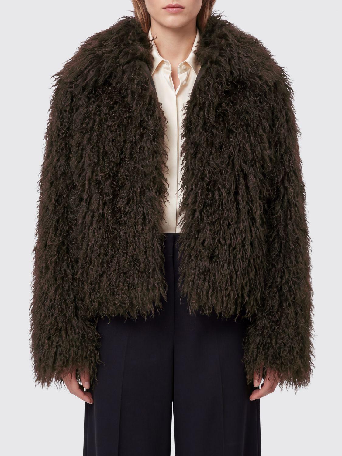 TAGLIATORE Cropped Faux Fur Jacket with Shawl Collar