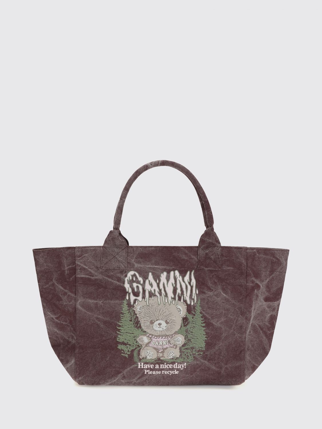 GANNI Large Recycled Cotton Tote Bag with Teddy Bear Print GANNI Large Recycled Cotton Tote Bag with Teddy Bear Print
