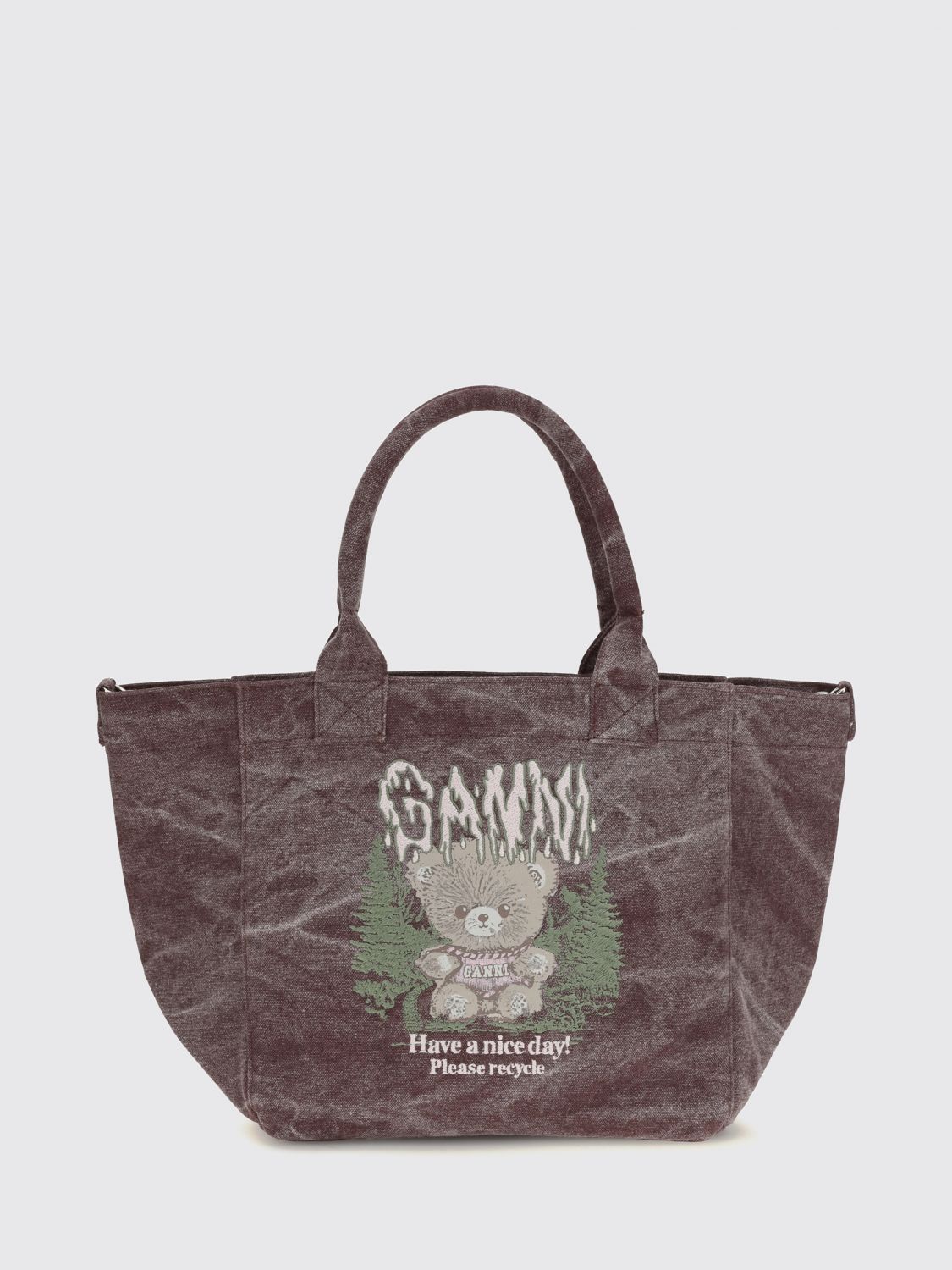 GANNI Medium Recycled Cotton Tote Bag with Teddy Bear Print GANNI Medium Recycled Cotton Tote Bag with Teddy Bear Print
